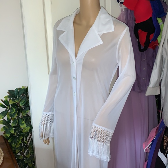 Y2K White sheer flapper fringe sexy maxi duster cardigan club coat jacket S - Picture 14 of 14
